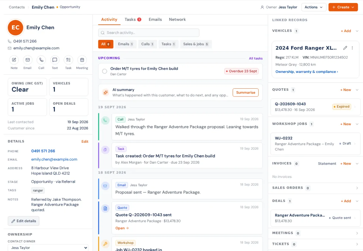 A contact's page in three columns: their details, action bar and At a Glance on the left, the activity timeline in the middle, and linked vehicles, quotes, jobs, invoices and deals on the right