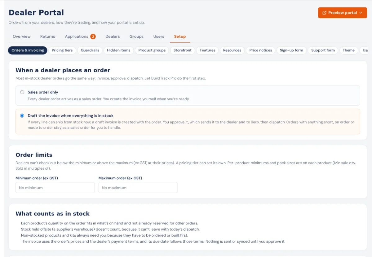 Dealer Portal → Setup with its row of screens (Orders & invoicing, Pricing tiers, Guardrails, Hidden items, Product groups, Storefront, Features, Resources, Price notices, Sign-up form, Support form, Theme…), open on Orders & invoicing