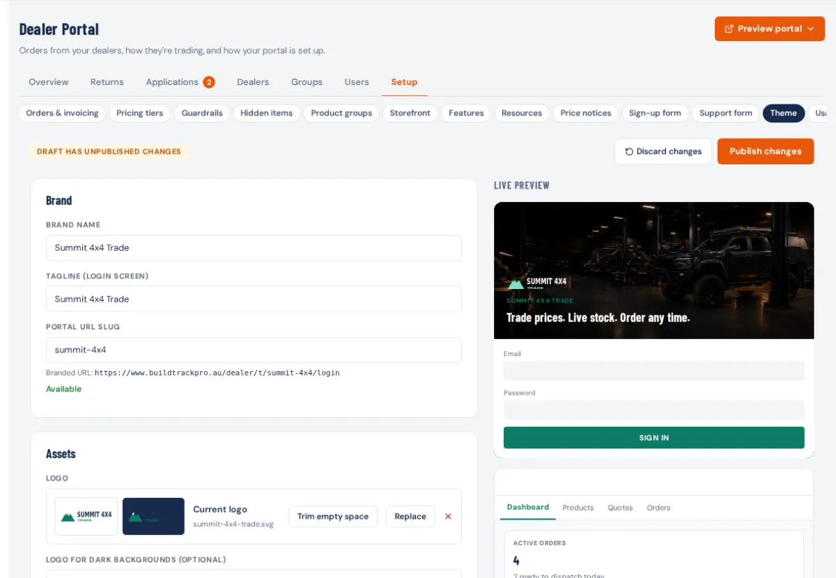 Dealer Portal → Setup → Theme: the Draft has unpublished changes pill with Discard changes and Publish changes, the Brand and Assets form on the left and the Live preview of the sign-in screen and dashboard on the right