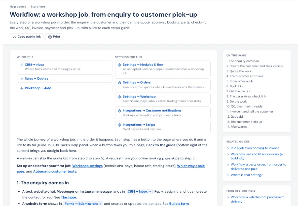 A guide in the help centre with its page and setting buttons and the On this page list