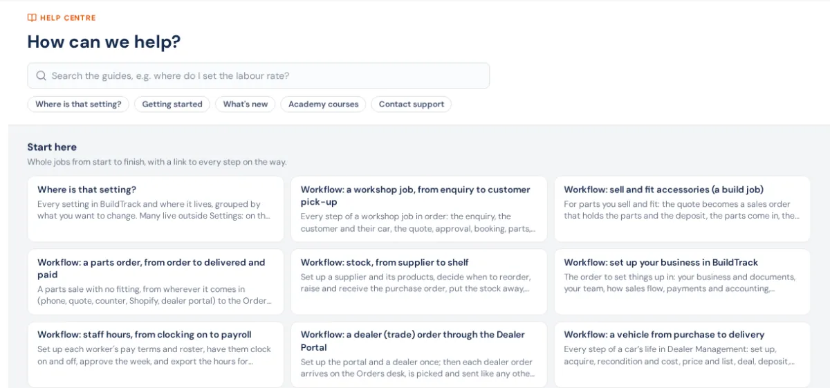 The help centre: search, quick links, and the Start here workflows
