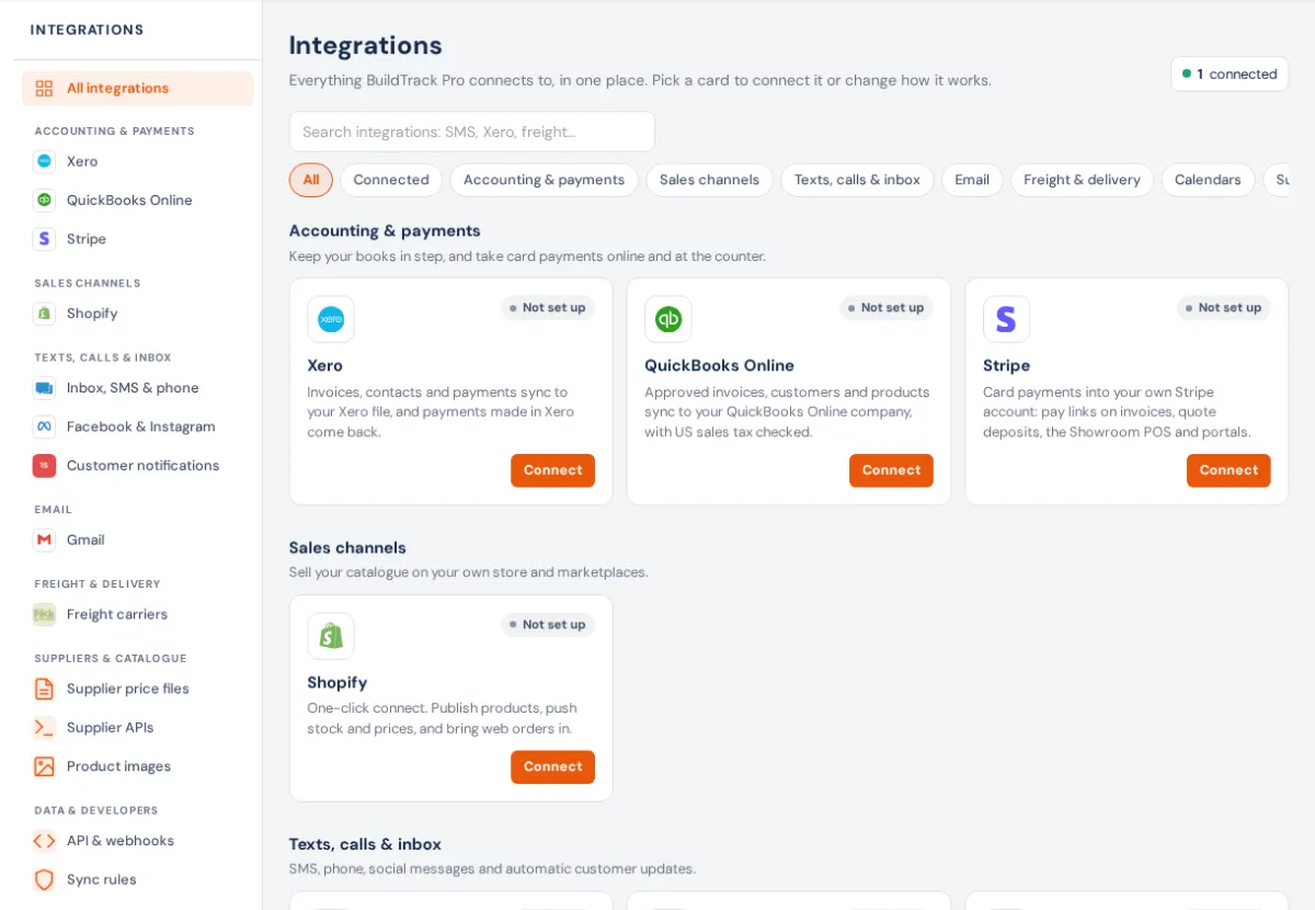 The Integrations page: its own menu grouped by kind on the left, a search box and filter chips, and a card for each connection (Xero, QuickBooks Online, Stripe, Shopify…) showing whether it's set up