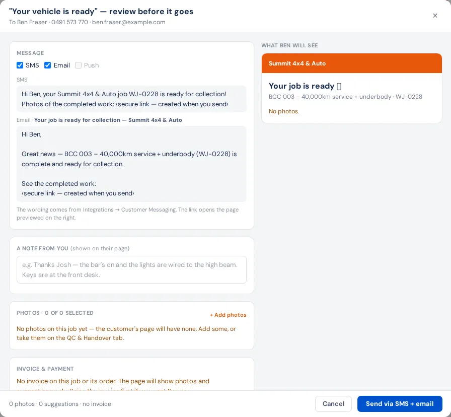 The Your vehicle is ready window: SMS and Email ticked with the text of each, A note from you, Photos and Invoice & payment on the left, What the customer will see on the right, and Send via SMS + email