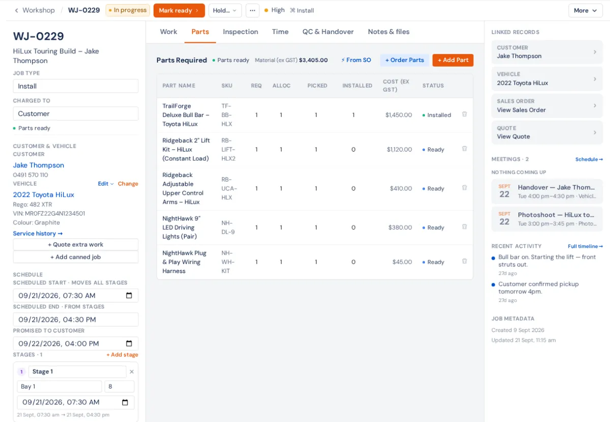 The Parts tab on a job: the Parts Required list with Req, Alloc, Picked and Installed columns, cost and status per part, the Parts ready pill, and From SO, + Order Parts and + Add Part