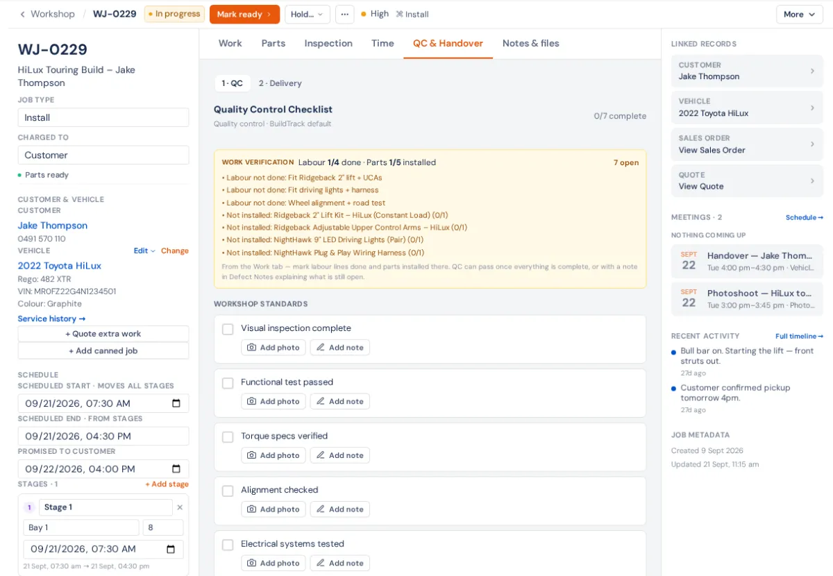 QC & Handover on step 1 · QC: the Work verification box listing labour not done and parts not installed, then the Quality Control Checklist with Add photo and Add note on each check