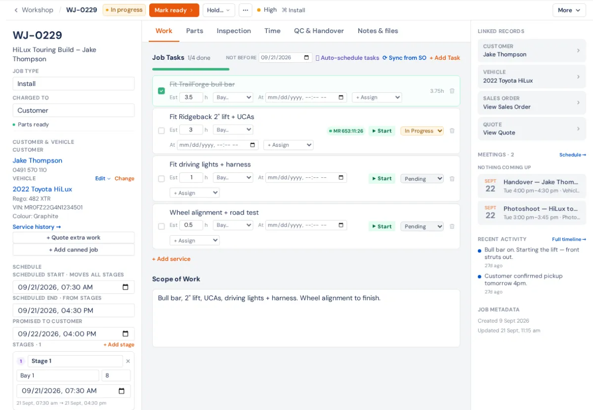 A job page: the status, Mark ready and Hold in the header, the tabs (Work, Parts, Inspection, Time, QC & Handover, Notes & files), the job tasks in the middle, customer and schedule on the left and linked records on the right