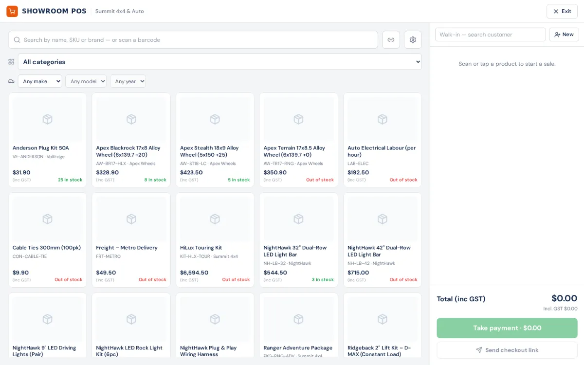 The Showroom POS: a product search and scan box, category and vehicle filters, product cards with price and stock, and the sale on the right with the customer box, total, Take payment and Send checkout link