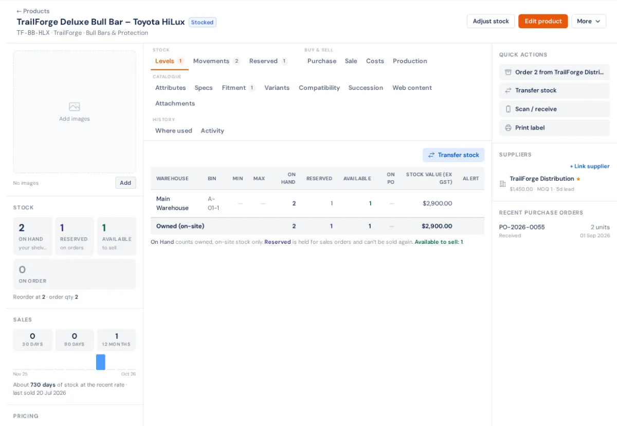A product's page: Adjust stock, Edit product and More in the header, images and stock and sales tiles on the left, the tabs (Levels, Movements, Reserved, Purchase, Sale, Costs, Fitment…) in the middle, and Quick actions and suppliers on the right