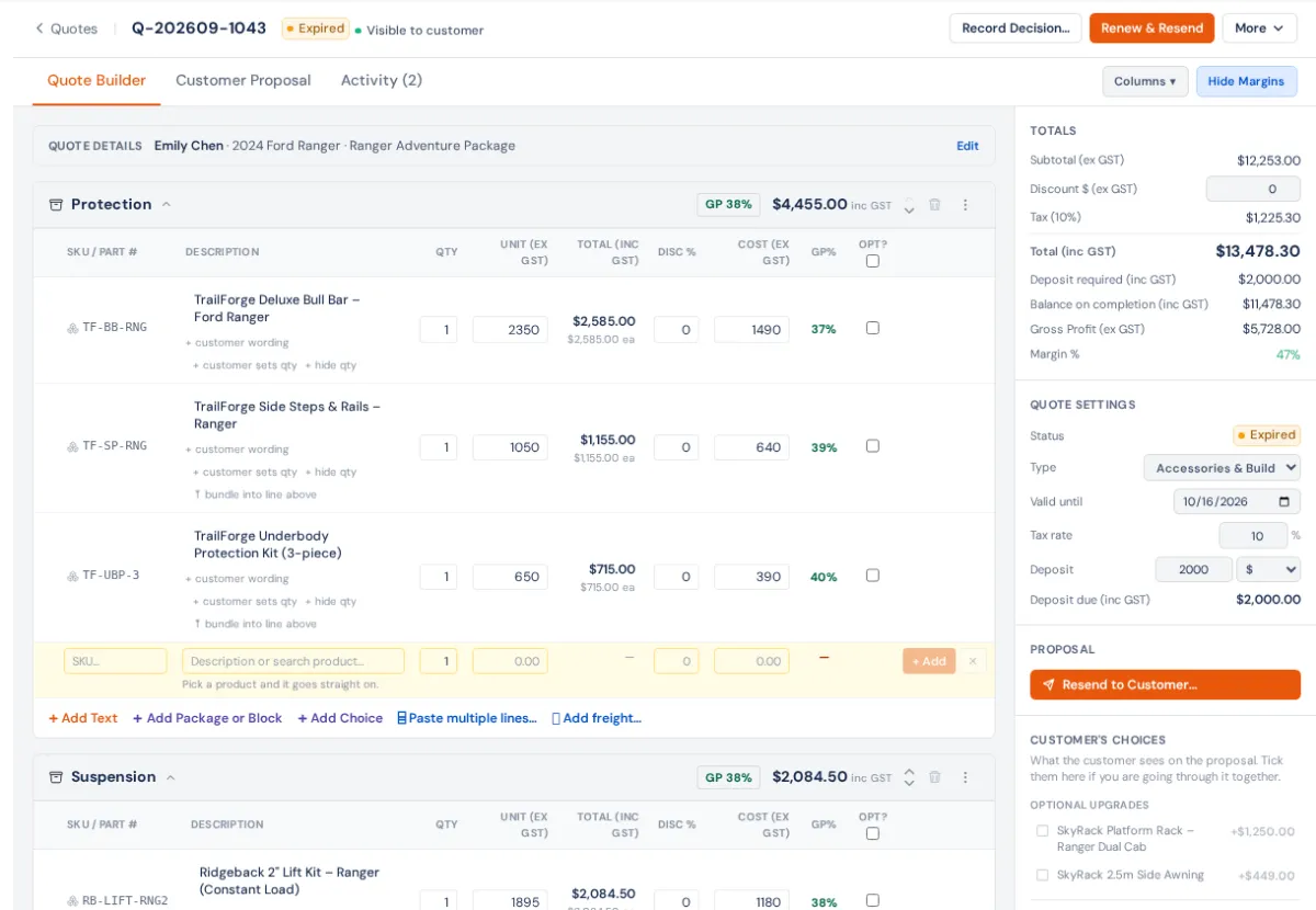 A quote open on the Quote Builder tab: sections of lines with quantity, price, cost and GP %, the add-line row and its buttons, and the right rail with Totals, Quote settings (status, type, valid until, deposit) and Proposal