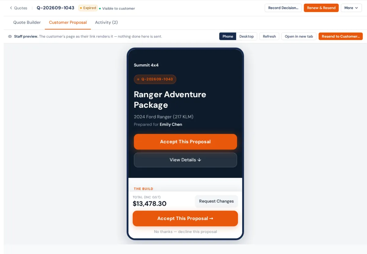 The quote's Customer Proposal tab: a staff preview of the proposal page as the customer sees it on a phone, with the package name, the vehicle, the total, Accept This Proposal and Request Changes