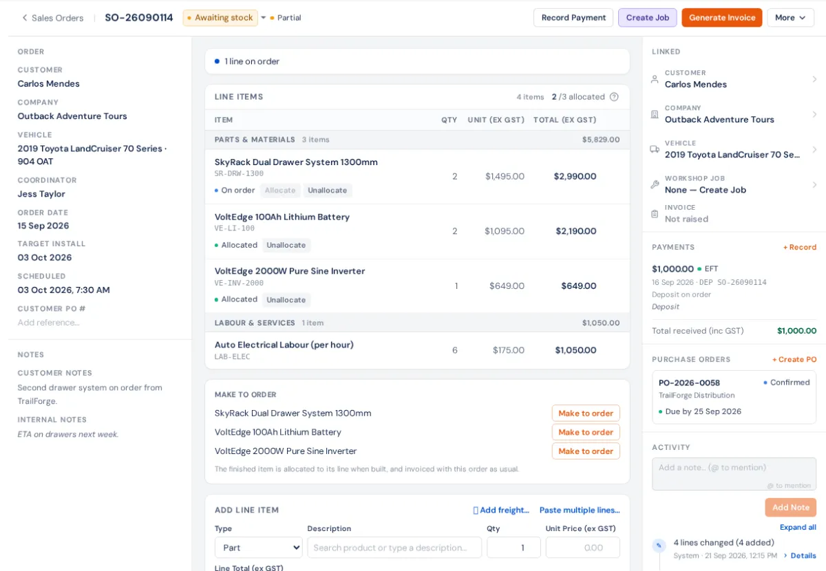 A sales order waiting on stock: the readiness strip (1 line on order) above the line items, each line showing On order or Allocated, Make to order below, the order details on the left and payments and the purchase order bringing the stock in on the right