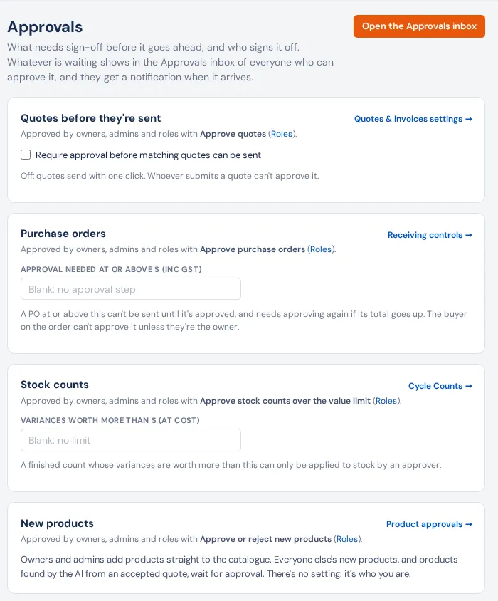 Settings → Approvals: cards for Quotes before they're sent, Purchase orders (approval limit), Stock counts (variance limit) and New products, with Open the Approvals inbox at the top