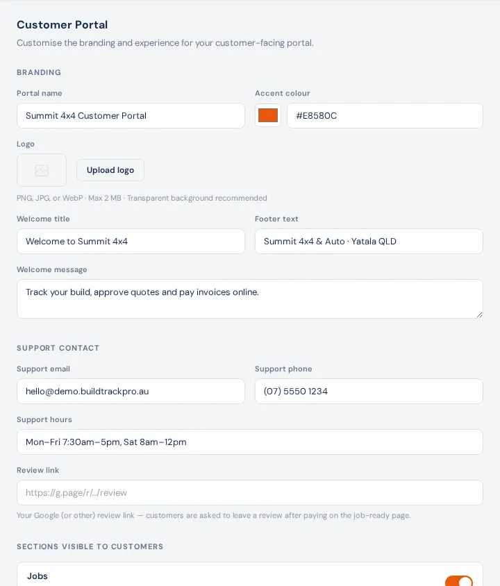 Settings → Customer portal: portal name, accent colour, logo, welcome title and message, footer text, support contact and hours, review link, and the sections customers can see