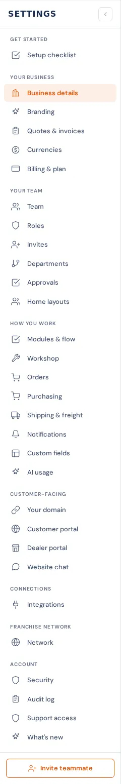 The Settings menu, grouped by what you're setting up: Get started, Your business, Your team, How you work, Customer-facing, Connections, Franchise network and Account