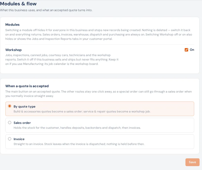 Settings → Modules & flow: the Workshop module switch, and When a quote is accepted set to By quote type, with Sales order and Invoice as the other choices