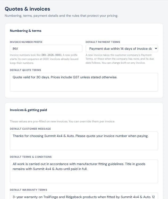Settings → Quotes & invoices: the Numbering & terms card (invoice number prefix, default payment terms, default quote terms) and the start of Invoices & getting paid