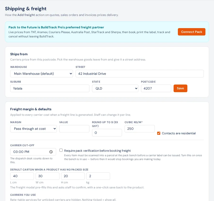 Settings → Shipping & freight: Ships from (warehouse and address), then Freight margin & defaults with the margin, rounding, cubic rate, carrier cut-off, pack verification and default carton